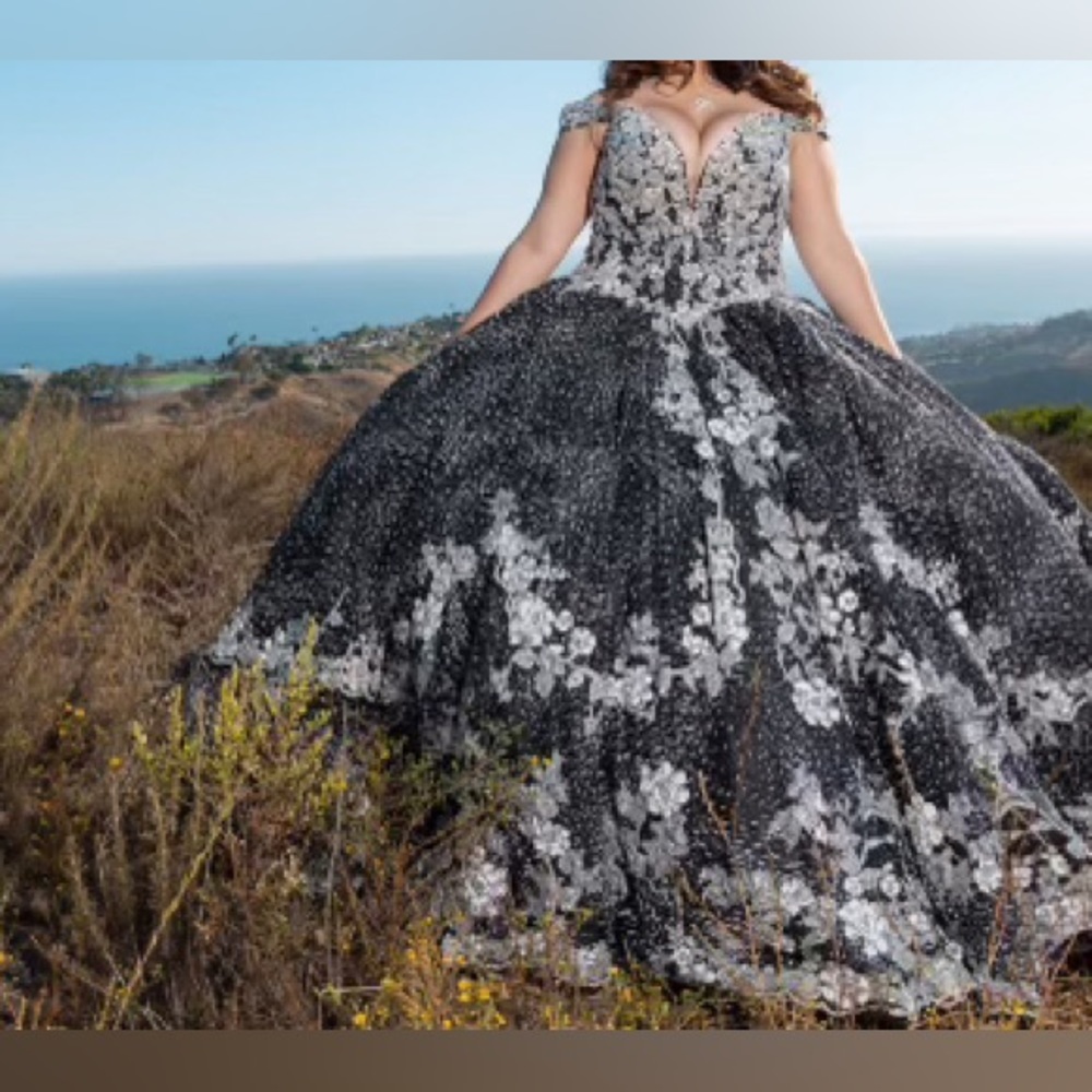 Mori Lee- (style #34042) Plunging Floral Embroidered quinceañera Ballgown.